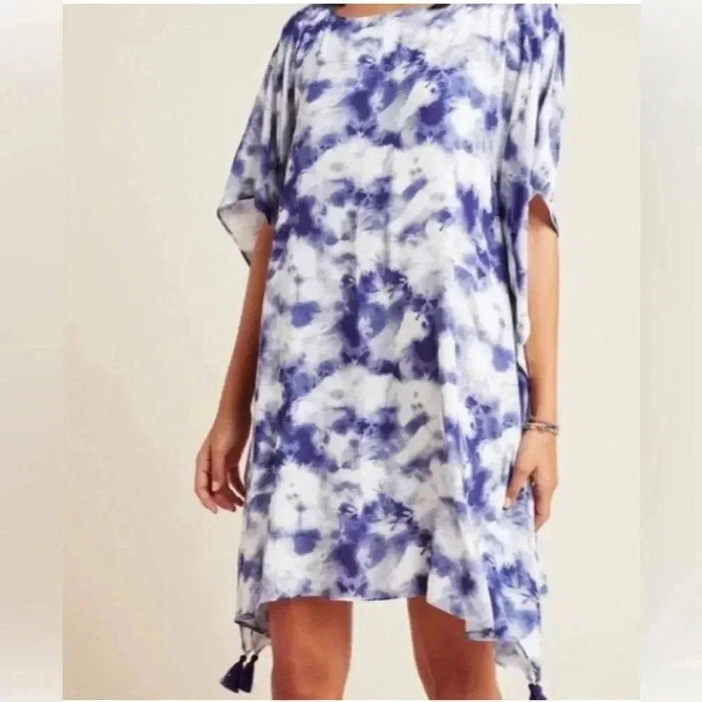 Anthropologie Nicola Blue Tie Dye Tasseled Caftan Beach Cover Up L